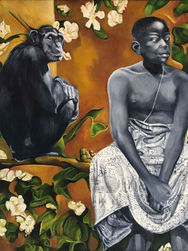 A painting portrays a young black child seated with a calm demeanor, hands clasped gently in front. He is dressed in a patterned cloth draped around his waist, and his face is clearly visible, showcasing thoughtful expression. On the left, a chimpanzee perches on a tree branch, gazing towards the child. The background is vibrant and lush, filled with green foliage and delicate white flowers, creating a serene, natural atmosphere.