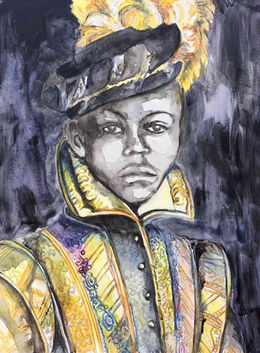 An acrylic painting depicts a young Black boy dressed in a vibrant, ornate outfit. The clothing features rich patterns with intricate details in gold, blue, and purple hues, including an elaborate high collar. The boy's face is clear and expressive, exuding a sense of confidence and elegance. Atop his head rests a large feathered hat in shades of yellow and white, adding grandeur to his appearance. The background is dark and textured, which contrasts beautifully with the vibrant attire and highlights the subject.