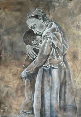 A grayscale painting shows a serene moment of affection between a mother and her child. The mother, draped in flowing fabric, cradles her young boy closely. The child rests his head on her shoulder, enveloped in her protective embrace. Their faces are obscured, emphasizing the universal and timeless essence of maternal love. The muted, textured backdrop contrasts beautifully with the delicate details of their garments, enhancing the emotional depth of the scene. The artwork radiates warmth, connection, and a sense of unspoken security.