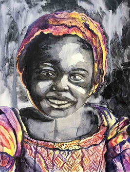 An acrylic painting portrays a young Black girl dressed in a vibrant, patterned garment featuring shades of purple, yellow, and red. Her face is clearly visible and expressive, framed by textured, abstract gray tones in the background. The contrast between the colorful clothing and the subdued background emphasizes the subject, creating a striking and dynamic composition.
