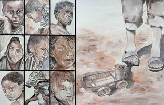 The acrylic painting is divided into two sections. On the left, nine portraits of individuals are arranged in a grid, each face depicted with clear, detailed expressions and viewed from various angles. On the right, the lower legs and feet of a person in sandals are shown standing on a sandy surface. In front of the feet lies a small toy car, handmade from a tin can and other recycled materials, with a smiling face drawn on it. The painting highlights themes of creativity, resourcefulness, and simplicity, blending vivid portraits with a heartwarming scene of ingenuity.