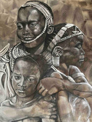 A monochromatic painting showcasing three young African girls, their faces adorned with intricate beadwork and jewelry, emphasizing cultural beauty and connection.