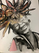 A watercolor painting of a girl with a warm smile, eyes closed, and head tilted slightly to the side. She is adorned with a detailed headdress featuring feathers and abstract patterns in shades of brown, yellow, and red, exuding a sense of joy and cultural richness.