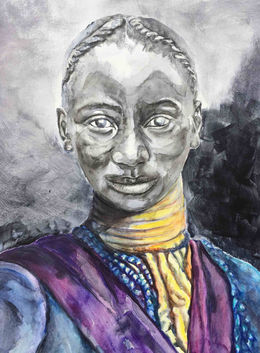 An acrylic painting depicts a young Black girl with her braided hair neatly styled, wearing a vibrant purple garment. Around her neck is a colorful scarf adorned with intricate yellow and blue patterns, adding a bright contrast to her outfit. Her face is fully visible, beautifully detailed, and expressive, conveying a calm and thoughtful demeanor. The background is textured with a blend of dark and gray tones, drawing focus to the girl and her striking presence.