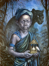 boy dressed in blue  holding a shrine. behind hem is a jaguar