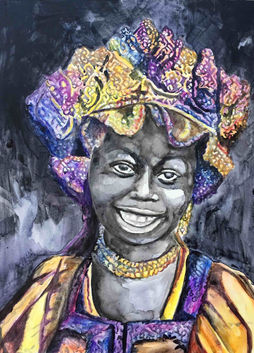 An acrylic painting features a Black girl wearing a colorful and intricately patterned headdress and matching garment. The headdress is vibrant, showcasing hues of purple, yellow, and blue with detailed designs, while the garment complements it with similar colorful patterns. Her face is fully visible, painted with careful detail, expressing warmth and serenity. The background is dark, which enhances the vibrant colors and intricate textures of the headdress and garment, making her the focal point of the artwork