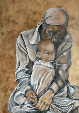 A muted-toned painting of a mother tenderly embracing her child,  the  soft colors emphasizing themes of care, love, and protection.