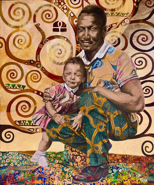 A vibrant painting of a father and his little daughter. The father crouches, holding his daughter as she stands, both dressed in colorful, patterned clothing. The swirling, intricate background adds a rich cultural and artistic depth to the scene.