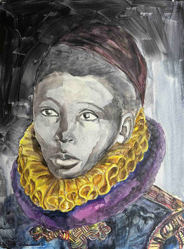 An acrylic painting portrays a young Black boy wearing a dark, wide-brimmed hat and an ornate, golden ruff collar with intricate details. He is dressed in a dark, patterned garment accented by a vibrant purple sash. His face is fully visible, painted with precision, revealing a serene and composed expression. The background is a blend of dark and light tones, creating a dramatic contrast that highlights the golden ruff and his clear, expressive features. The painting is signed by the artist, "Andra Daans," with the year "2023" visible in the bottom left corner.