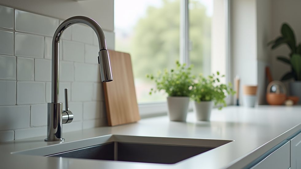 Close-up view of a newly installed modern kitchen sink and faucet