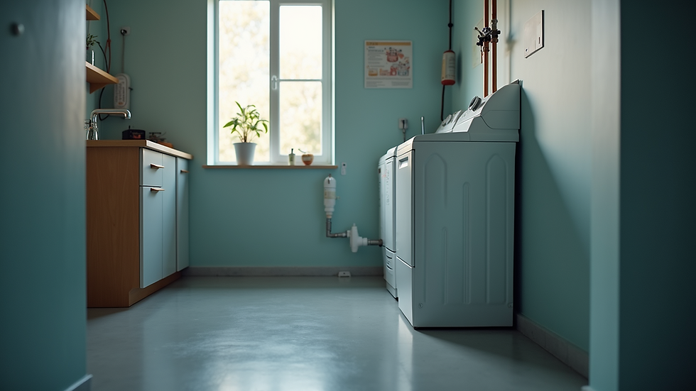 Eye-level view of a modern water softener unit installed in a utility room