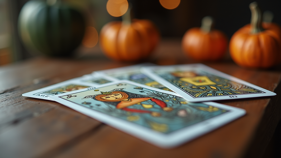 Close-up view of a tarot card spread on a wooden table