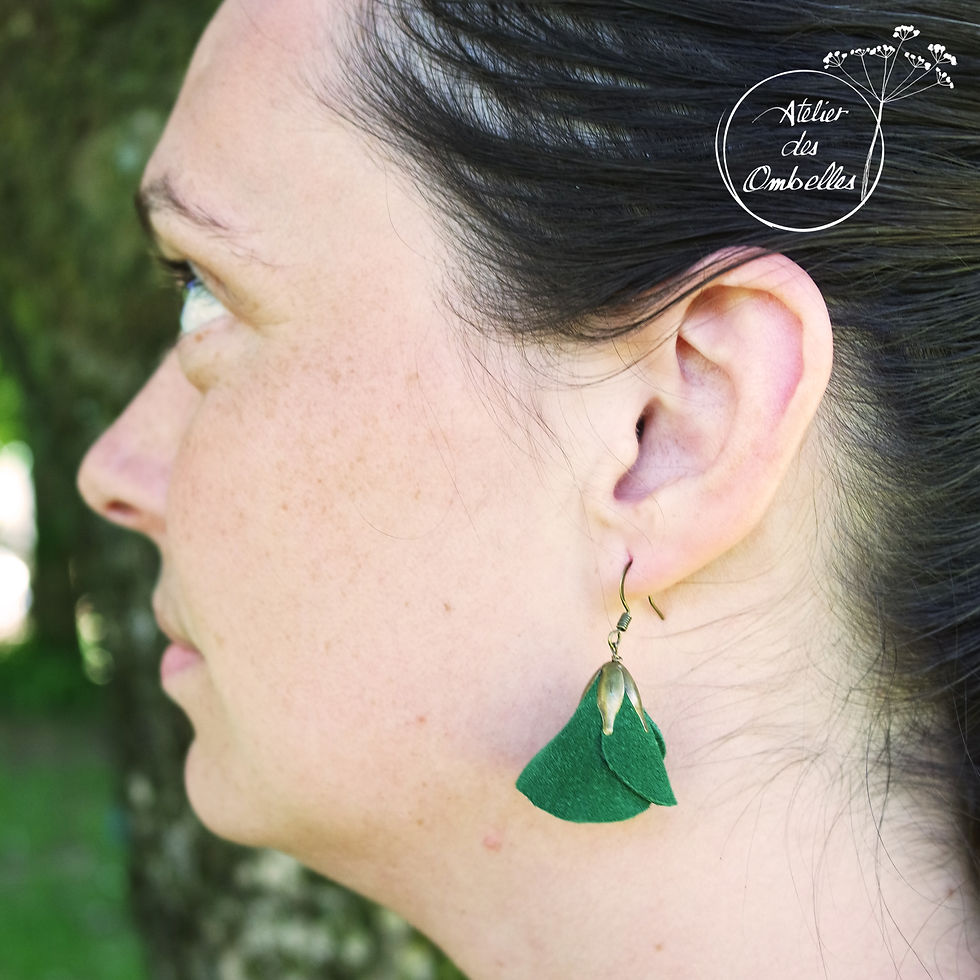 Miniature : boucles d'oreilles petites fleurs en cuir vert foncé recyclé.
