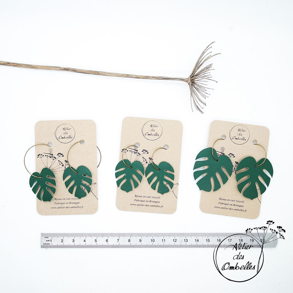 Miniature : Boucles d'oreilles feuilles de monstera en cuir recyclé atelier des ombelles