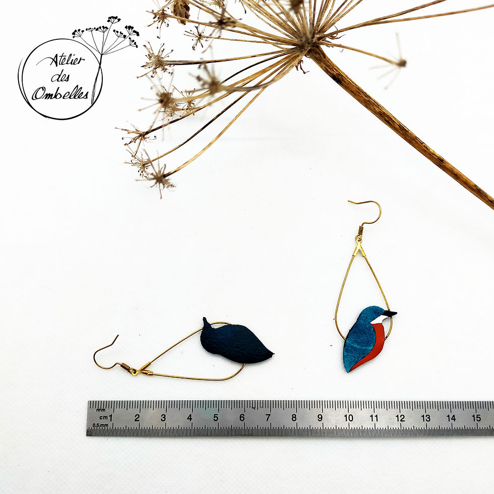 Miniature : Boucles d'oreilles oiseau Martin-Pêcheur en cuir recyclé de l'Atelier des Ombelles
