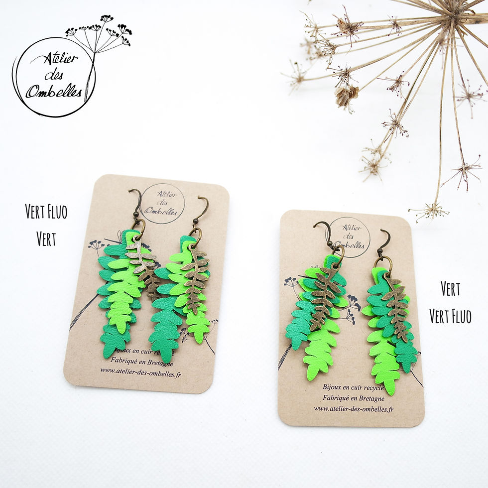 Miniature : Boucles d'oreilles feuilles de fougères en cuir recyclé de l'Atelier des Ombelles