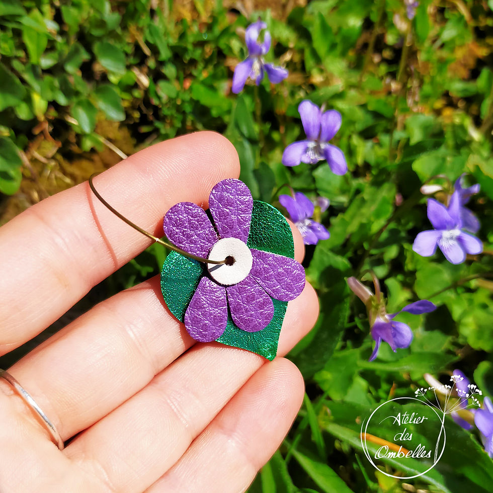 Miniature : Photo de boucles d'oreilles en cuir recyclé représentant des fleurs de violette avec une feuille verte attachée.