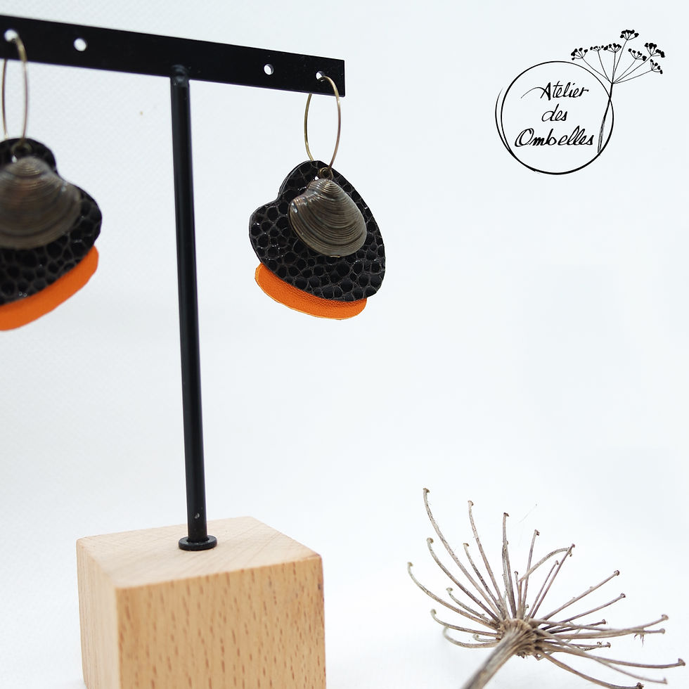 Miniature : Boucles d'oreilles palourde coquillage en cuir recyclé atelier des ombelles