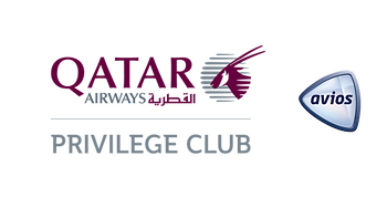 Qatar Airways Privilege Club logo with Avios symbol. Features maroon text and logo on a white background. Mood is formal and corporate.