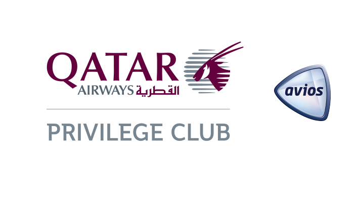 Qatar Airways Privilege Club logo with Avios symbol. Features maroon text and logo on a white background. Mood is formal and corporate.