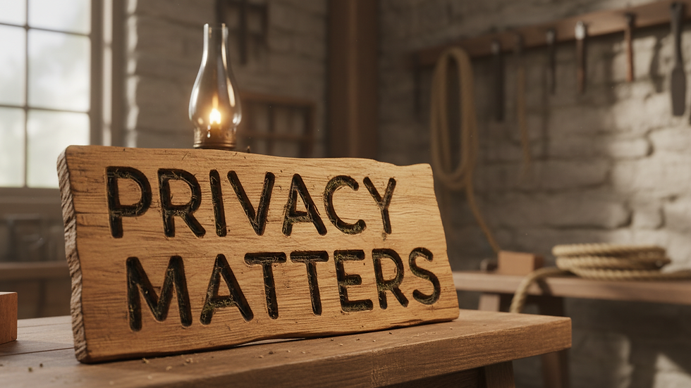 Close-up view of a wooden sign with the words "Privacy Matters" carved into it