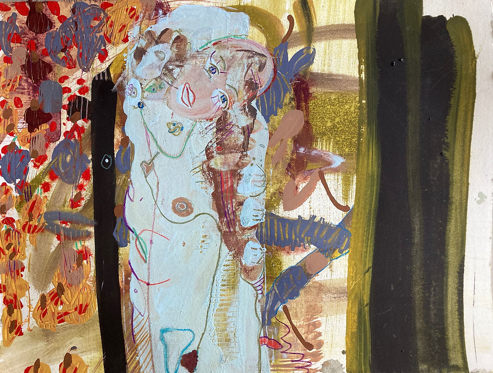 Gouache d'un corps à deux tête. Visages à la bashung