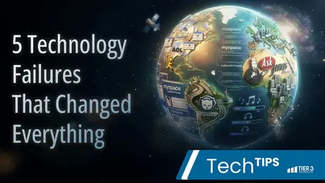 A globe in space with logos for past technology failures like AOL, MySpace, Napster, Segway, and Ask Jeeves. In the bottom right hand corner there is a blue banner with white text overlay that reads "Tech Tips."