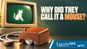 Retro computer with glowing cat cursor and wooden early computer mouse on a desk, referring to the history of the computer mouse. The text reads, "Why did they call it a mouse?" In the bottom right corner there is a blue banner with white text overlay that reads, "Tech Tips."