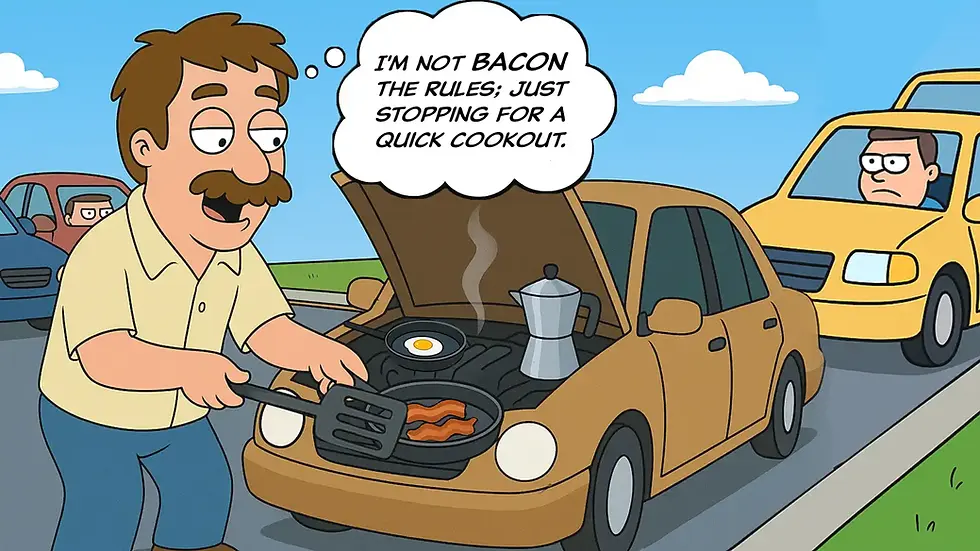 Cartoon of a man using his car’s engine as a grill on the side of the road. Intended to highlight the importance of an AI Acceptable Use Policy, the graphic shows how people can find creative ways to use technology.