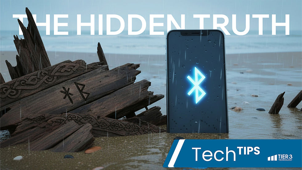 A smartphone sticking out of the sand on a beach with the ocean water behind it. The smartphone is glowing with a Bluetooth icon on the right side. There is broken driftwood on the left with runes. The text behind the phone and driftwood is white and reads, "The Hidden Truth" in all capital letters, referencing the history of Bluetooth. On the bottom right of the screen there is a blue banner with white text overlay that reads, "Tech TIPS Tier 3 Technology."