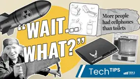 Collage of fun tech facts including a missile, the original apple flip phone design, the U.S. Air Force, and a coffee pot. The main text reads, "Wait... What?" and in the bottom right corner a blue banner with white text overlay reads, "Tech Tips."