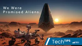 Mars landscape with a rover and an alien ship at sunset, explaining what it looks like to have AI in space. Text reads "We Were Promised Aliens." Blue banner with white text overlay says "Tech Tips."