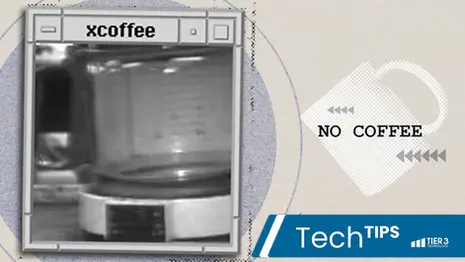 A grayscale image shows an empty coffee pot in a window labeled "xcoffee." Text says "No Coffee" with gray arrows. Blue bar at the bottom with white text overlay reads "Tech Tips."