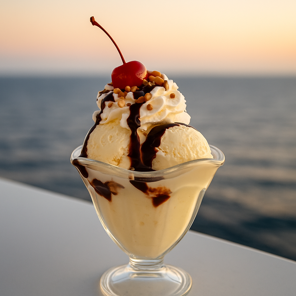 A close-up photograph of a gourmet sundae served in a clear glass dish, topped with whipped cream, chocolate drizzle, and a cherry, with an ocean view blurred in the background.