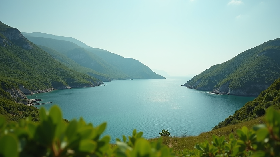 Eye-level view of a tranquil bay surrounded by lush green hills