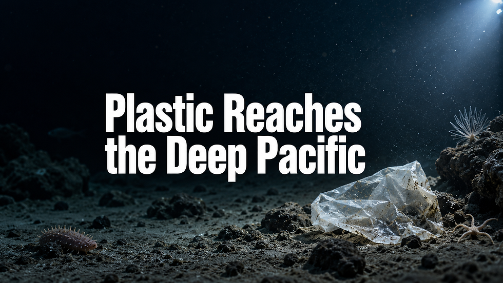 AI-generated editorial illustration of plastic debris on a dark deep-sea floor, with the headline Plastic Reaches the Deep Pacific; not an expedition photograph.