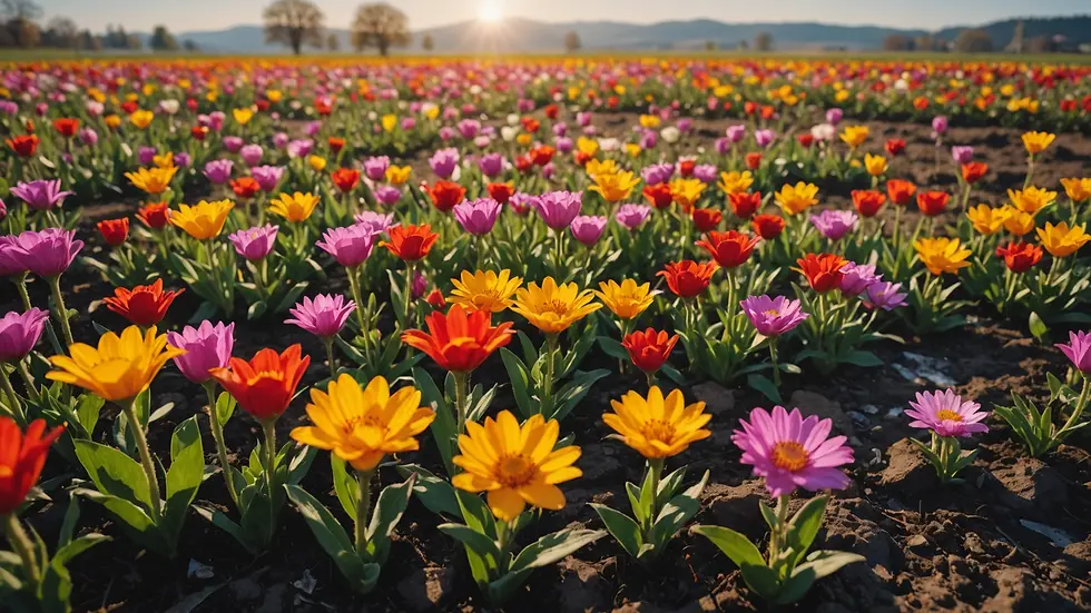 Eye-level view of vibrant flowers breaking through the thawing ground