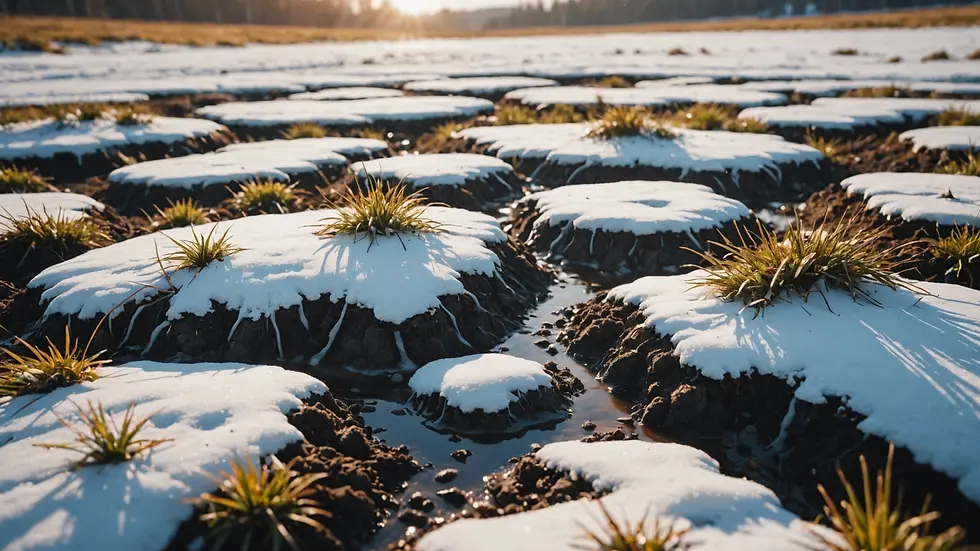 Close-up view of melting snow revealing soil