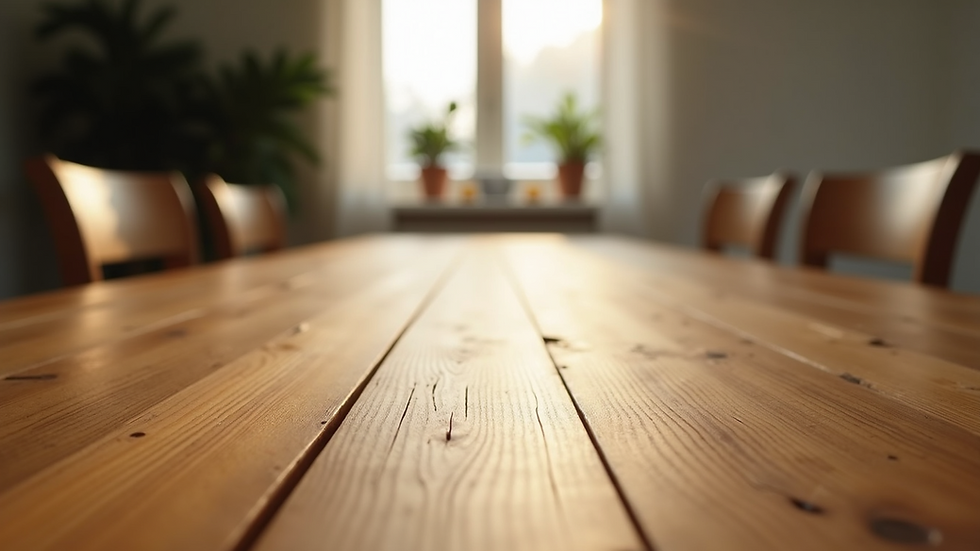 Eye-level view of a beautifully crafted wooden dining table