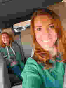 Car picture of me and Chloe driving to Schnepf Farms