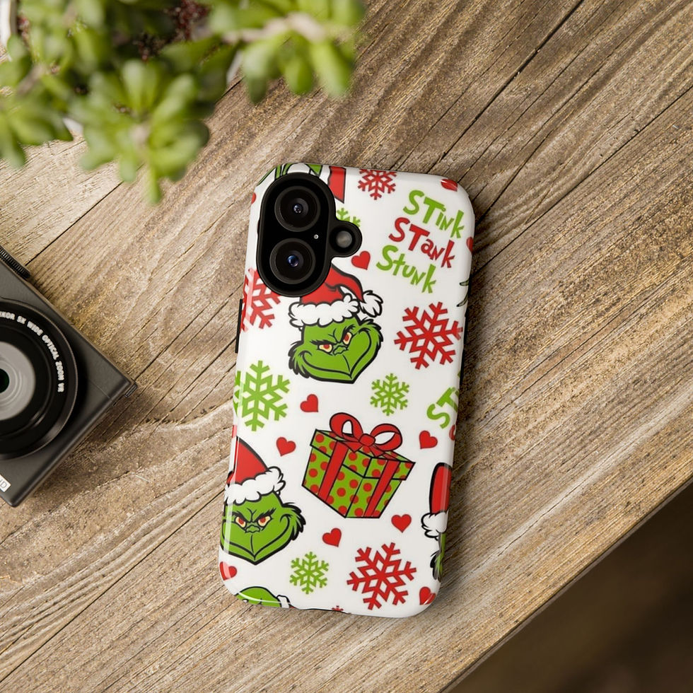 Grinch phone case with Santa hat, snowflakes, gift boxes, and the phrase Stink Stank Stunk printed on a white background