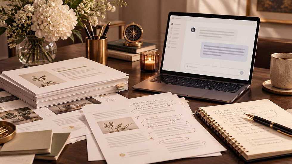 Stacks of printed drafts spread across a desk during the development of an AI-supported resource