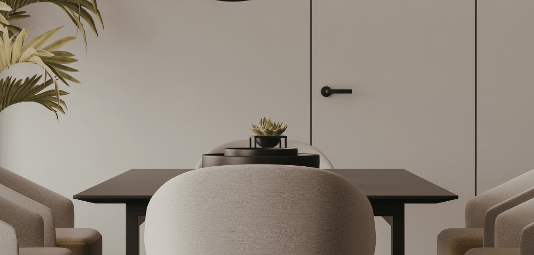 Modern dining table with upholstered chairs and circular wall décor