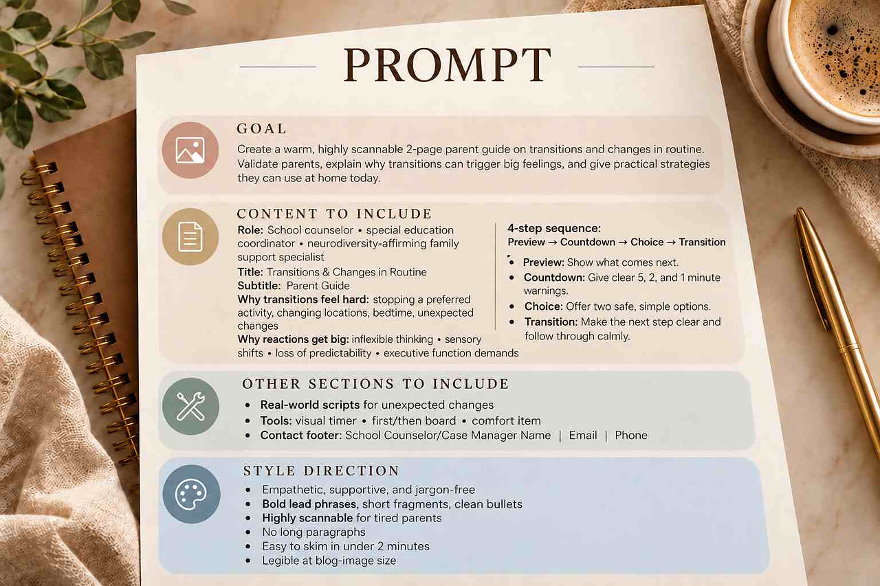 Prompt guide outlining a parent resource on transitions, routine changes, and practical strategies for children.
