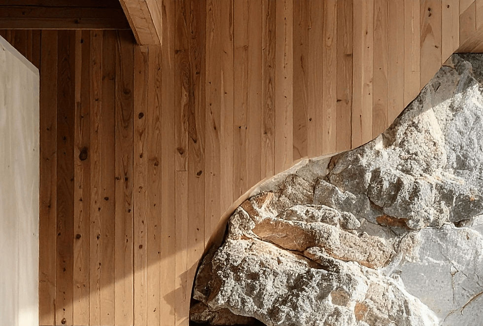 Wood-paneled wall with stone feature and neutral interior setting