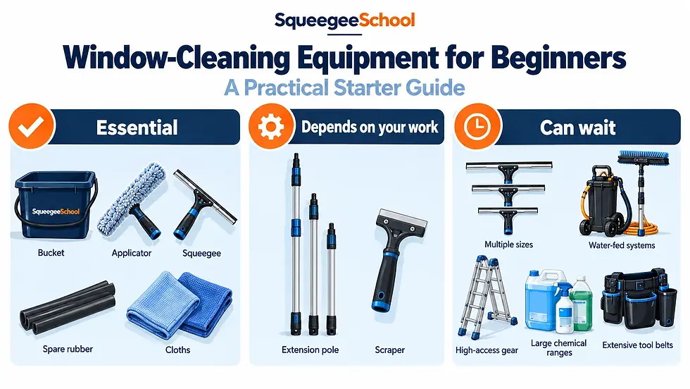 Infographic from SqueegeeSchool on window-cleaning equipment for beginners, showing essential, optional, and can-wait tools.