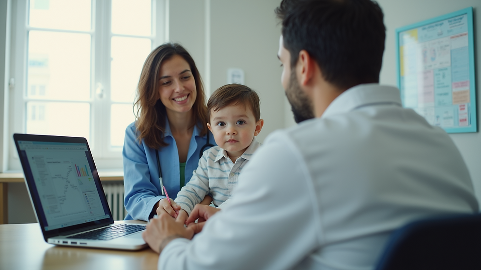High angle view of a pediatrician’s office with child and parent during consultation