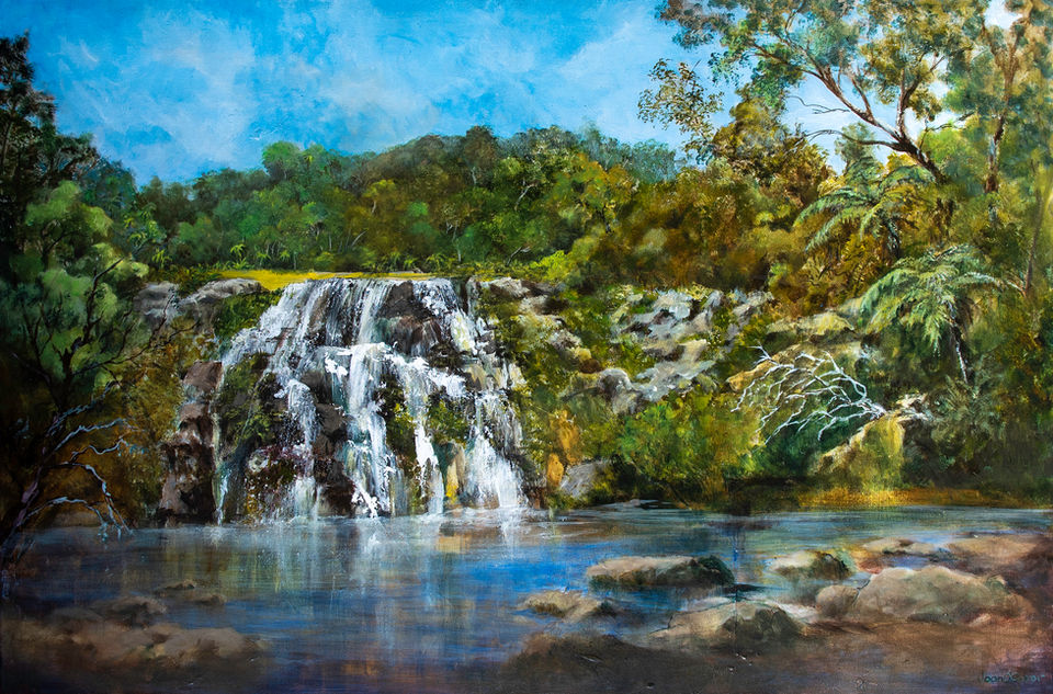 the art of joan new zealand artist tauranga acrylic painting falls at the kamai's kamai landscape aotearoa contemporary art for sale 