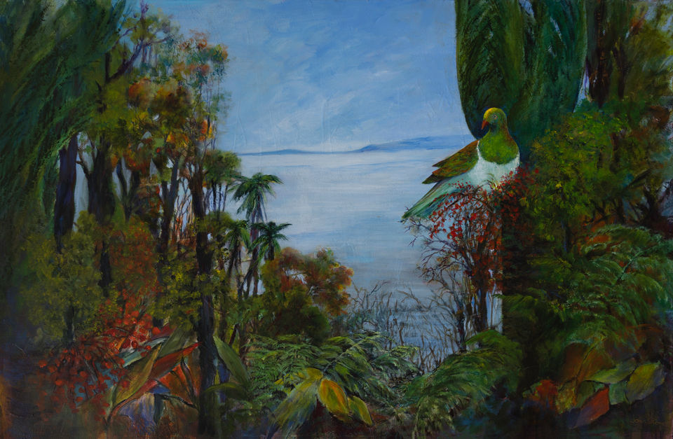 the art of joan new zealand artist tauranga painting kereru wood pigeon bird contemporary art for sale