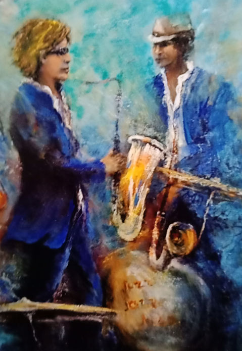 the art of joan new zealand artist tauranga mixed media acrylic painting musos musicians jazz music sax contemporary art for sale gallery